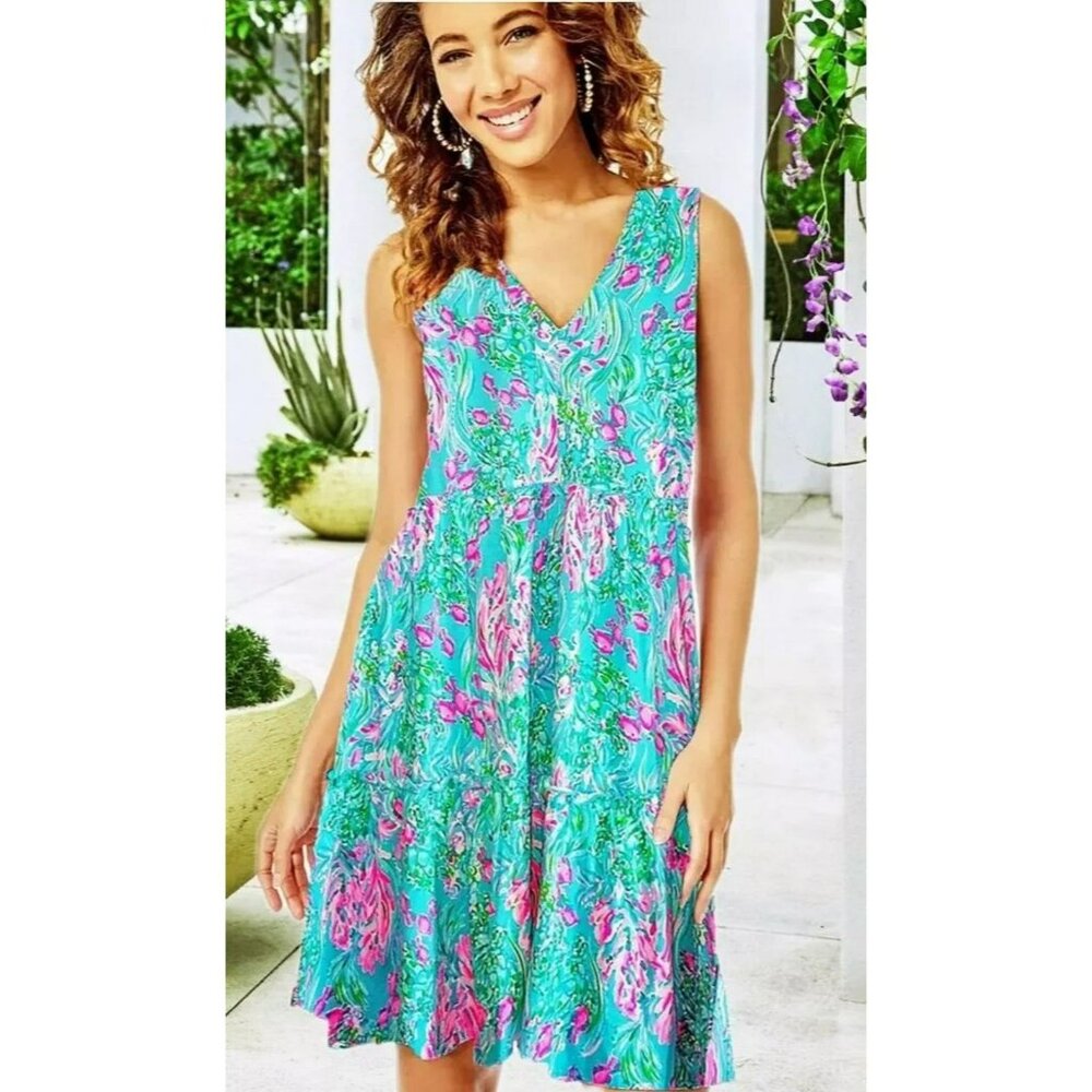 Lilly Pulitzer Lorina V-Neck Swing Dress Amalfi Blue Best Fishes #007287 Size M